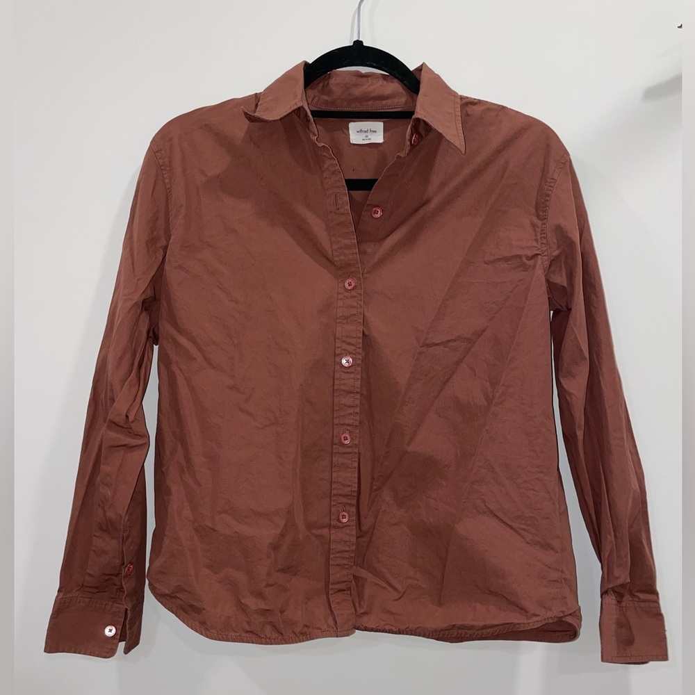 Aritzia: Wilfred Light Brown Button-Up Collared Long Sleeve Top Size 2XS NWOT